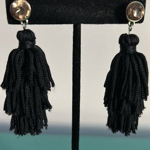 Black Tiered Tassel Fringe Drop Earrings with Crystal Rhinestone Button Posts